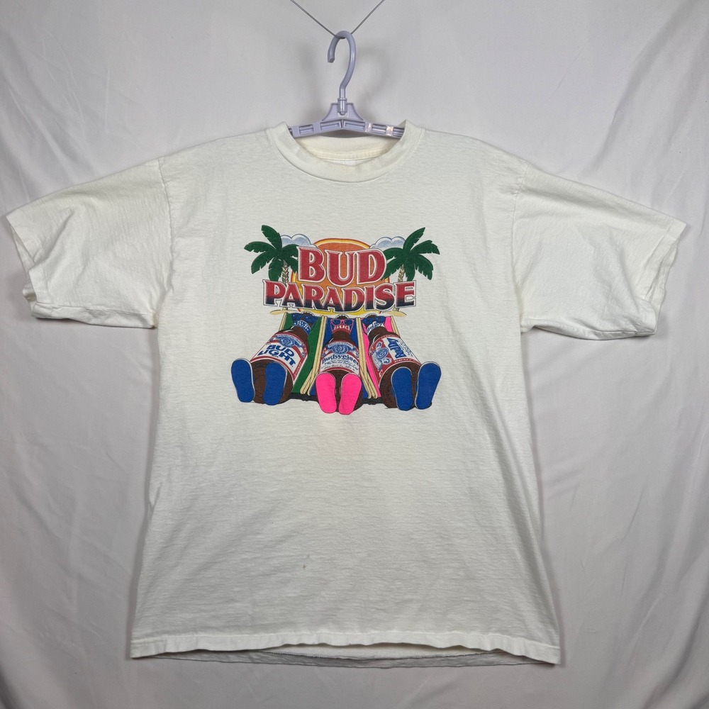 Vintage Sugar Creek Bud Paradise Beer T-Shirt XL White Heavyweight Made in USA